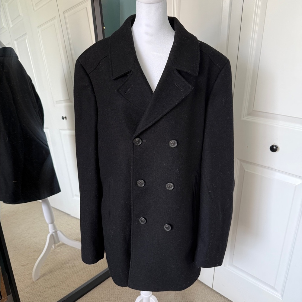 Dkny Black Double-Breasted Pea Coat with Notched Lapels
